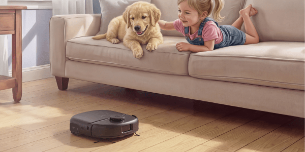 A girl and a dog on a couch