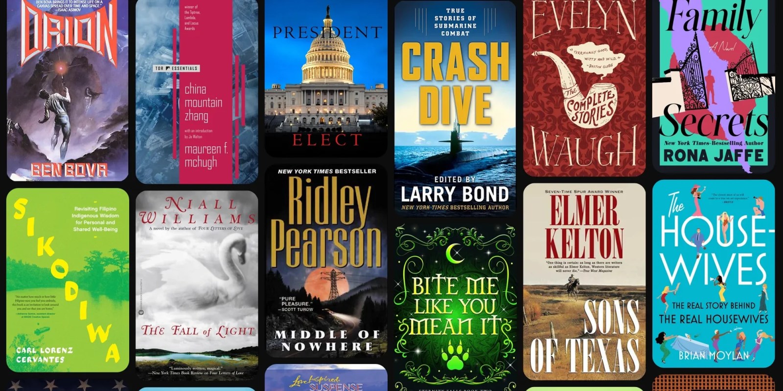 A collection of books on a black background