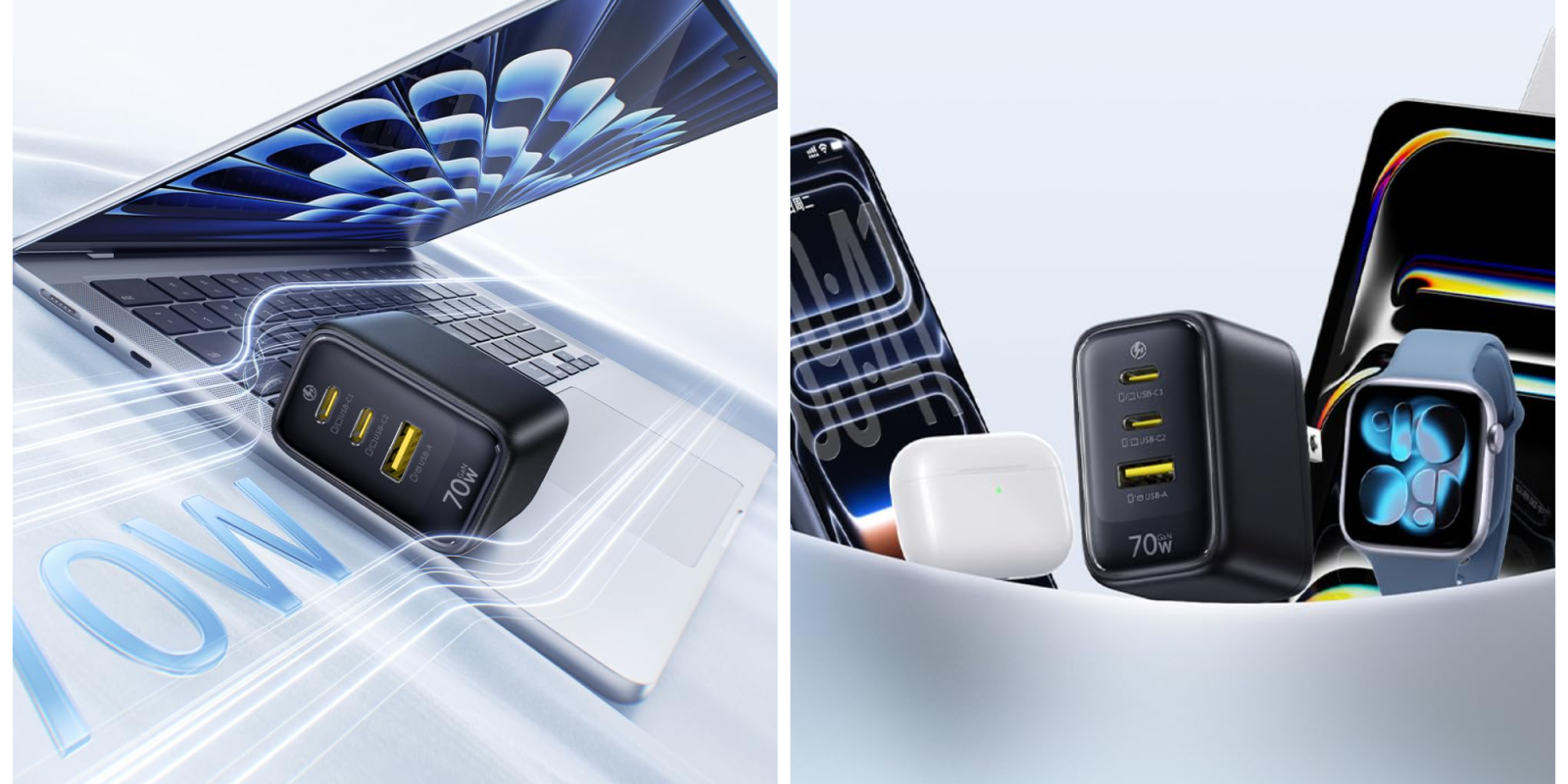 A collage of a laptop and a device