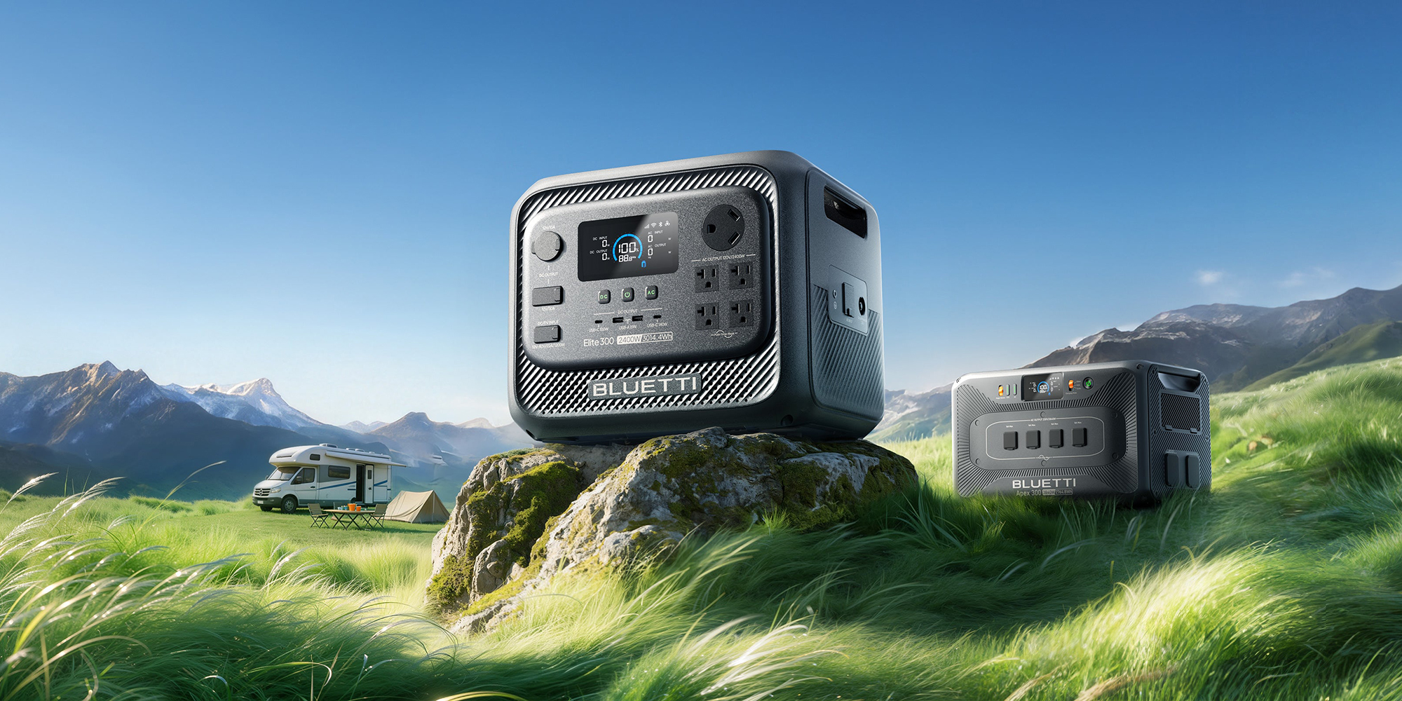 A square radio on a rock in a grassy field
