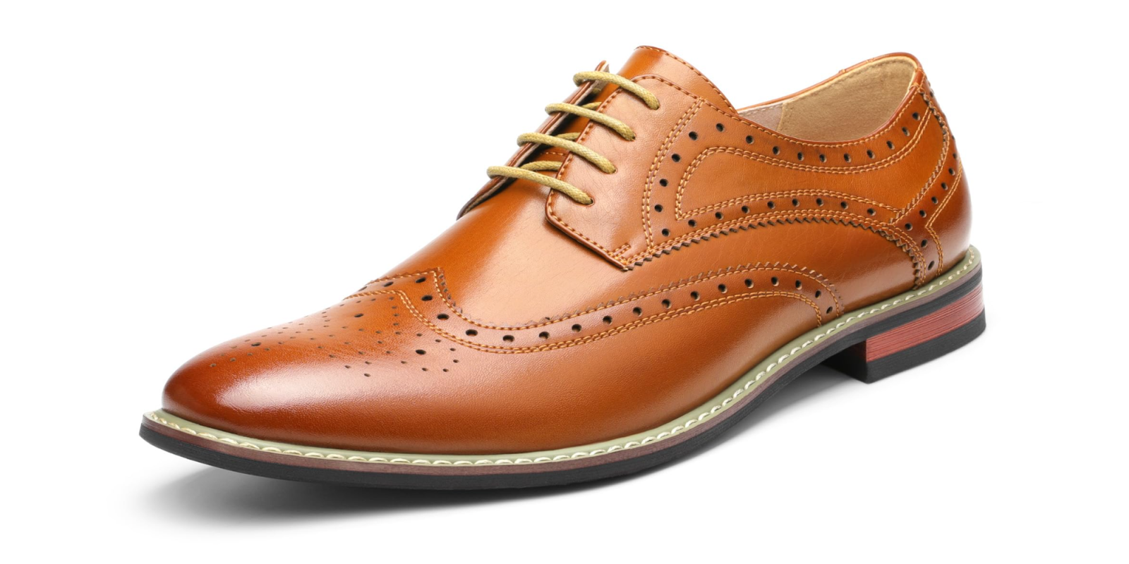A brown leather shoe with yellow laces