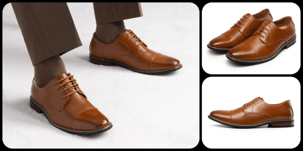 A collage of a man's brown shoes