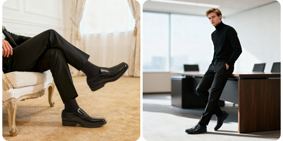 A man in black suit and black shoes