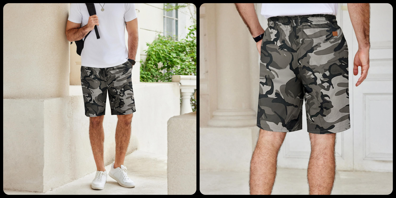 A man wearing camouflage shorts