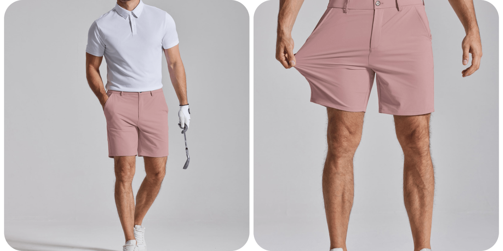 A man wearing shorts and a golf club