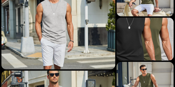 A collage of a man wearing a tank top and shorts