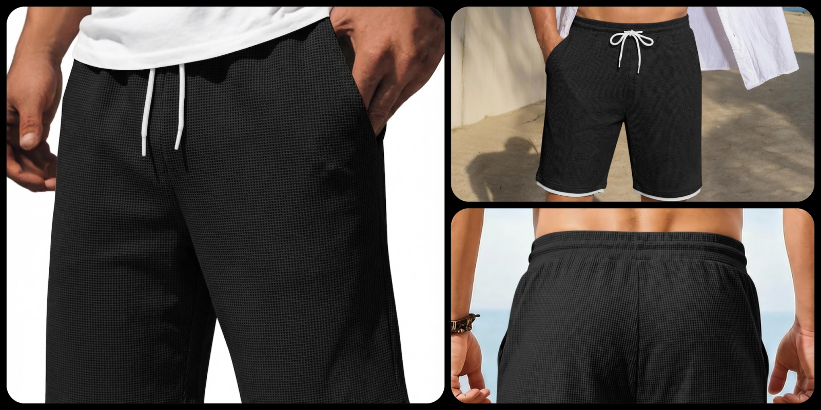 A man wearing black shorts