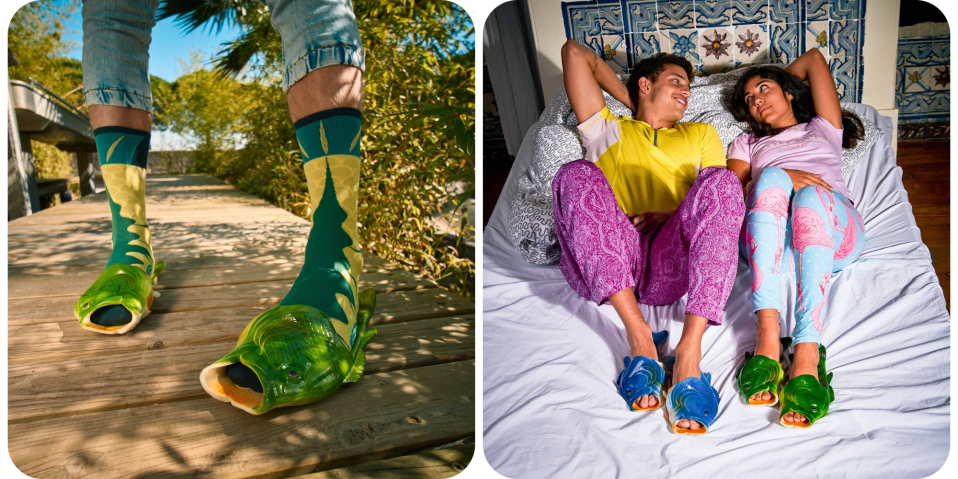 A man lying on a bed with a fish shaped sock