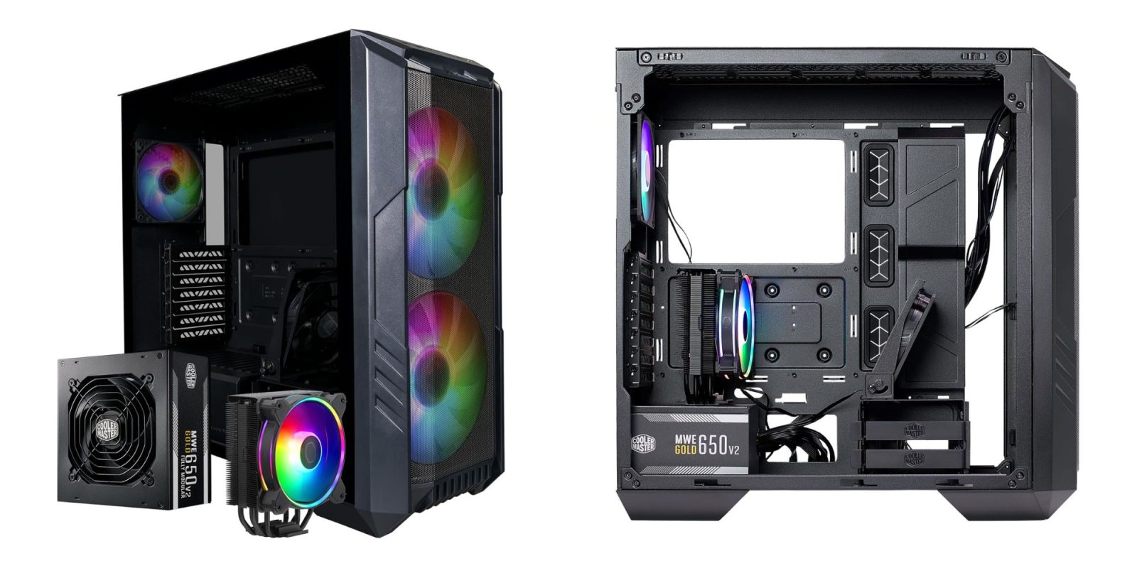 A computer tower with a rainbow colored fan