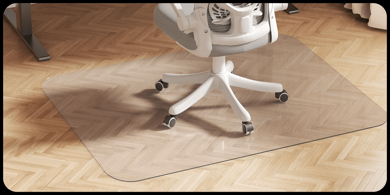 A chair with wheels and a glass mat