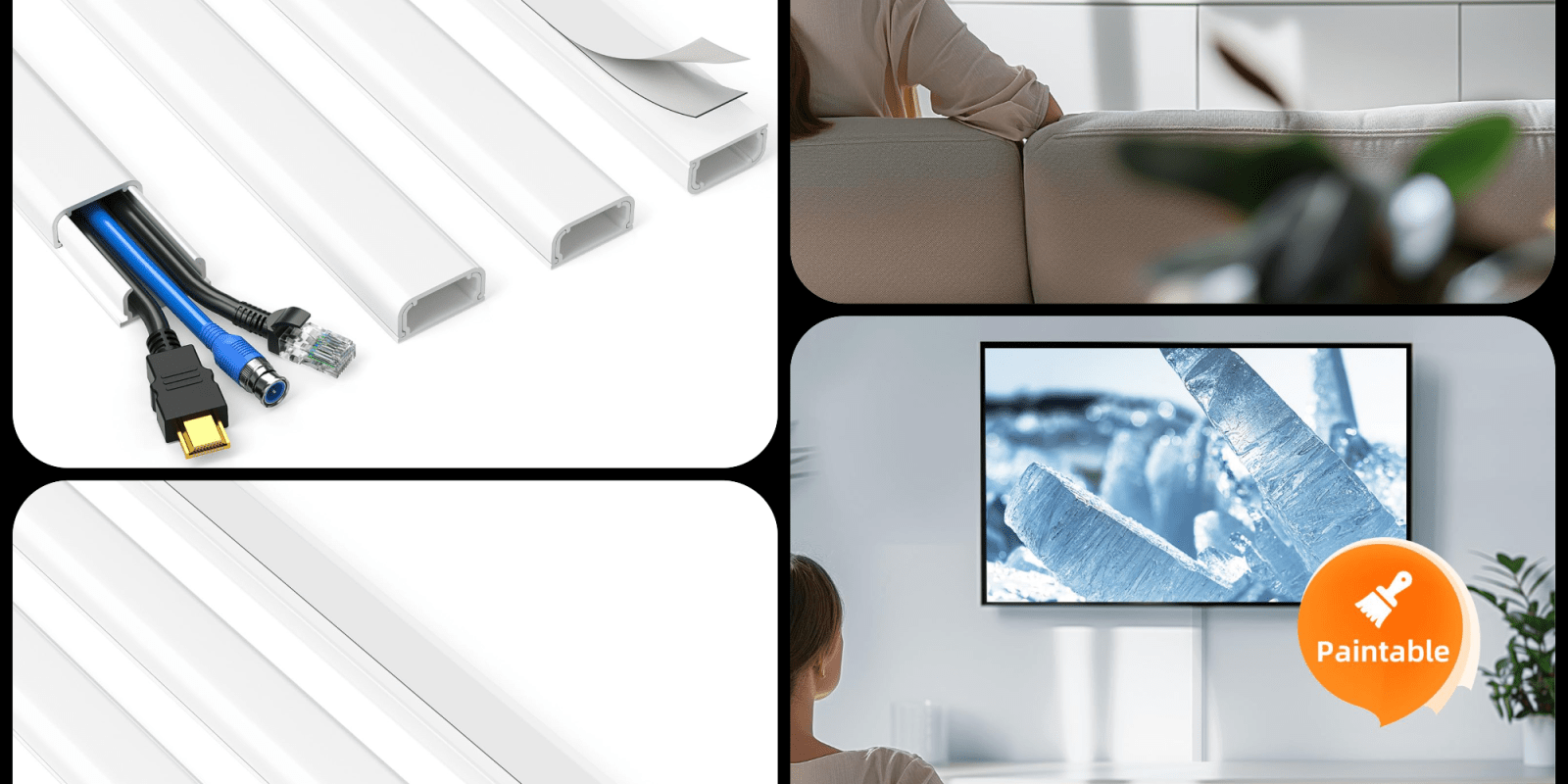 A collage of a woman sitting on a couch