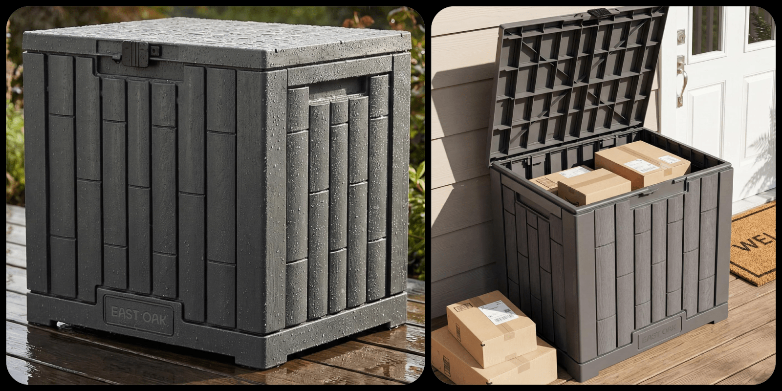 A grey plastic box with a lid