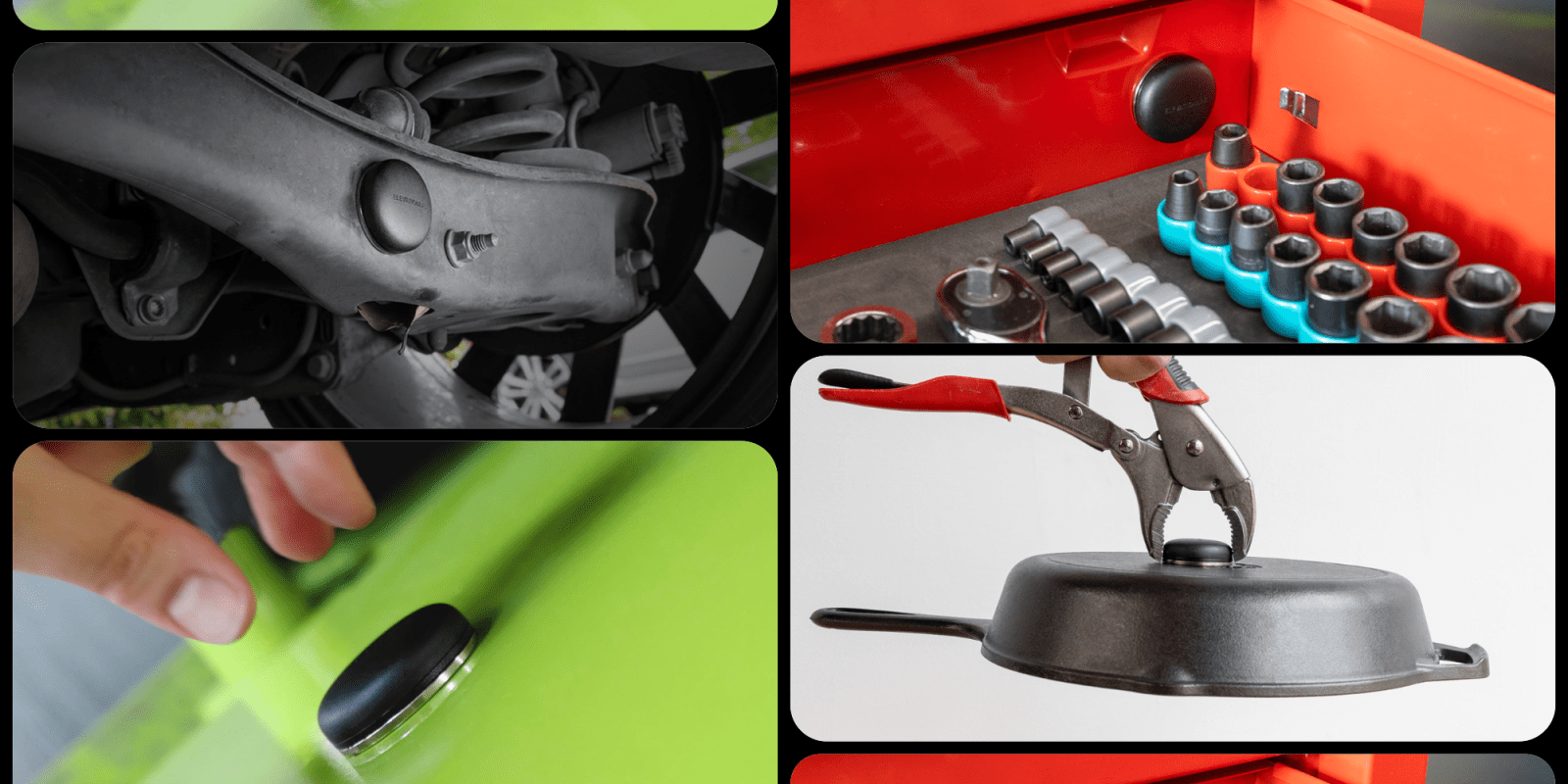 A collage of different parts of a car