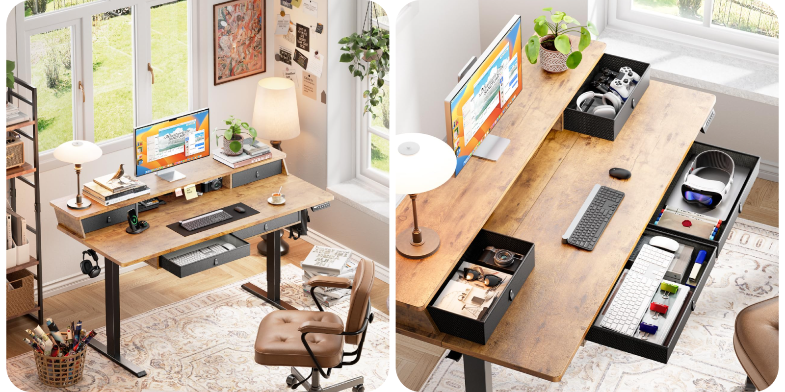A desk with a computer and a desk with a computer