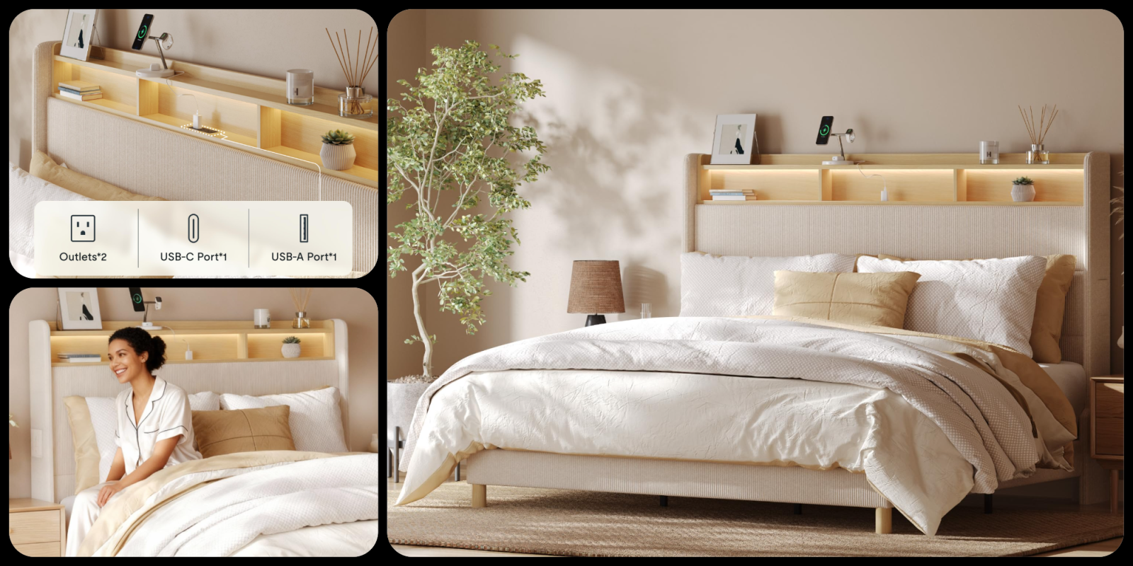 A bed with a headboard and a tree