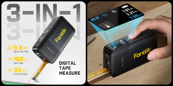 A digital tape measure with a device