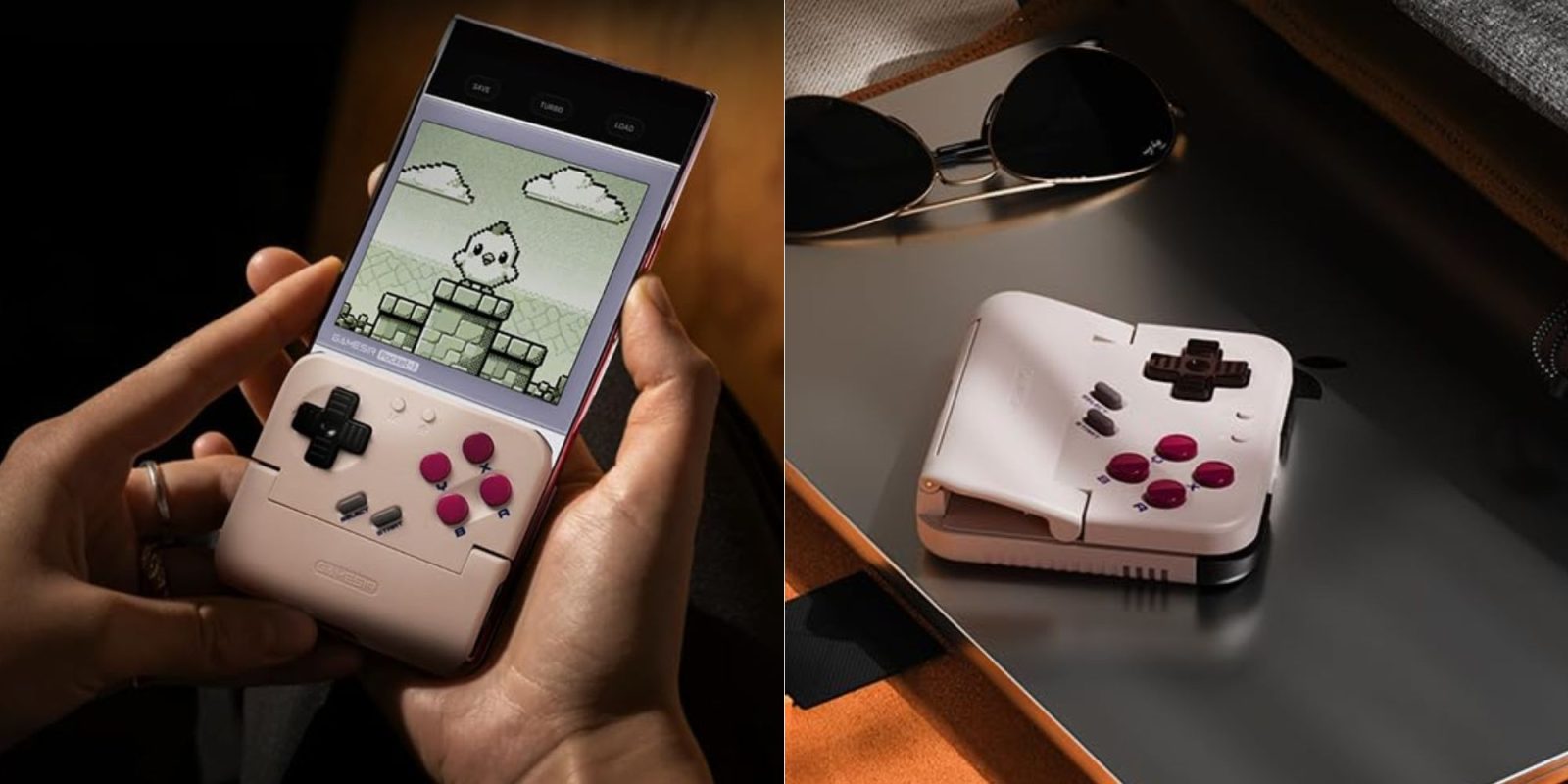 A hand holding a video game device