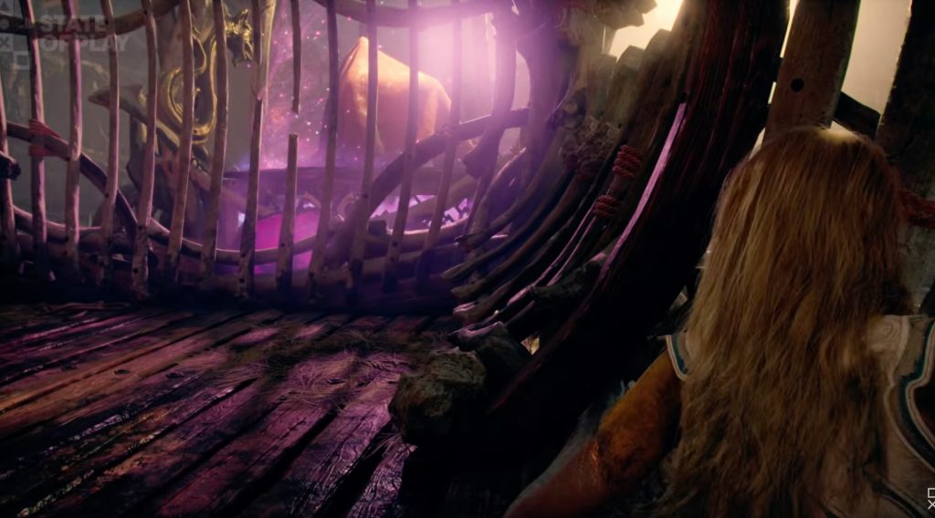 A wooden structure with a purple light