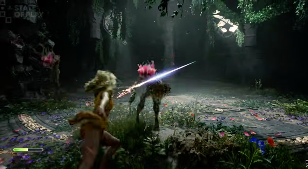 A woman fighting with a sword in a forest
