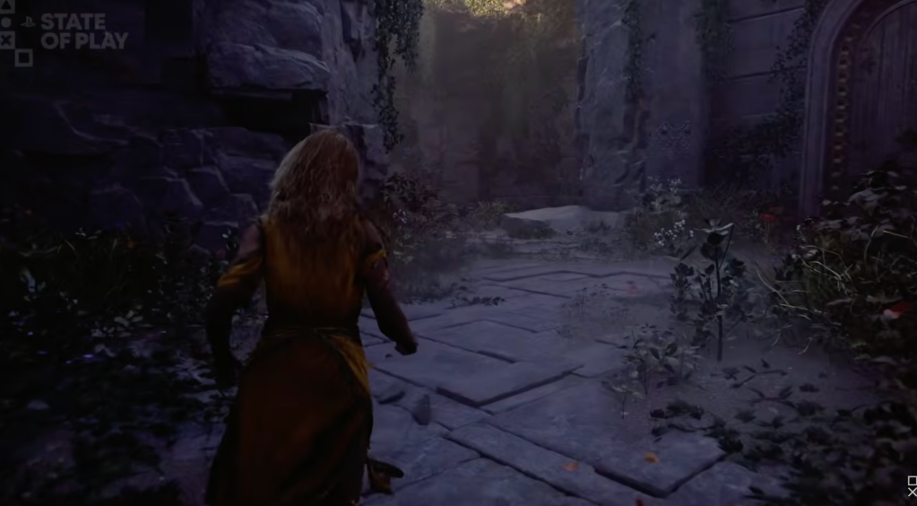 A woman walking in a stone path