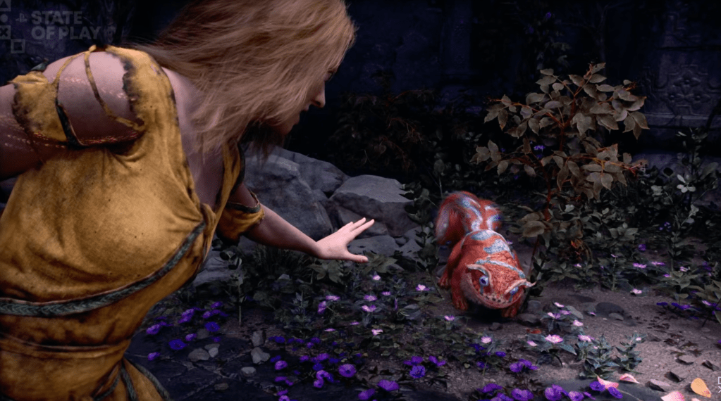 A woman reaching out to a squirrel