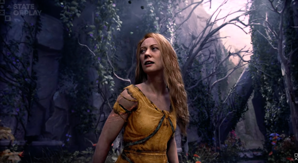 A woman in a dress in a forest