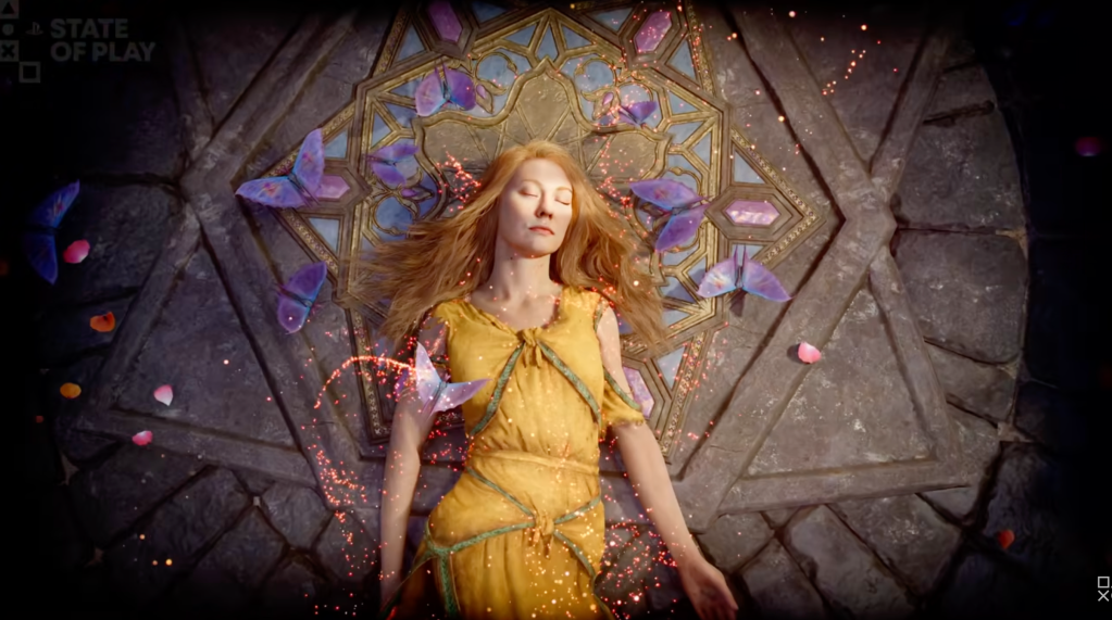 A woman lying on a stone surface surrounded by butterflies