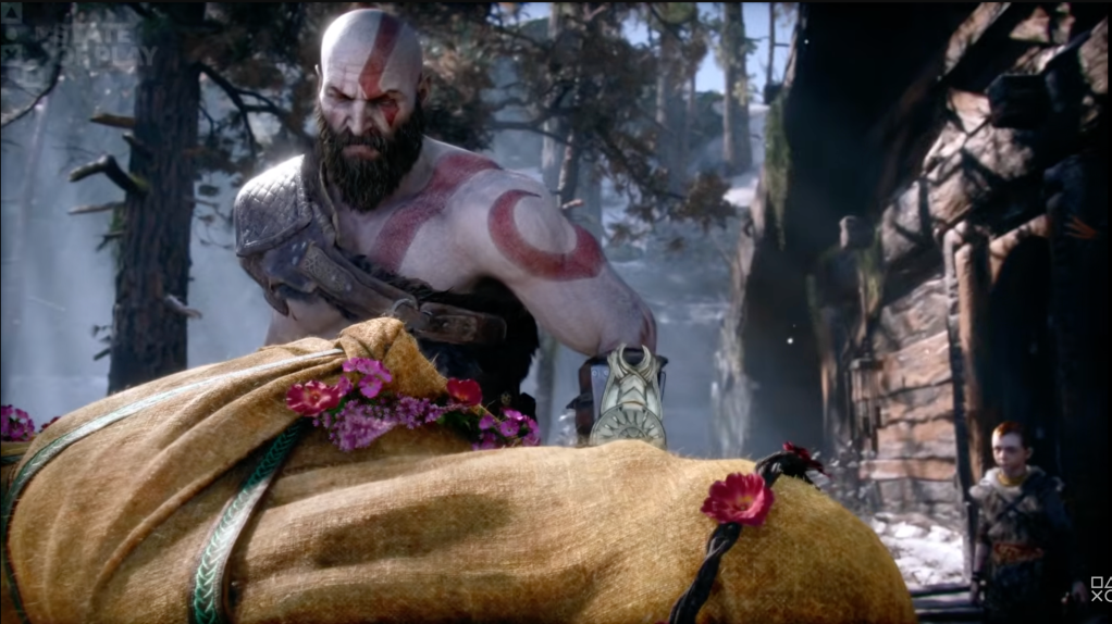 A video game screen capture of a man with a beard and tattoos