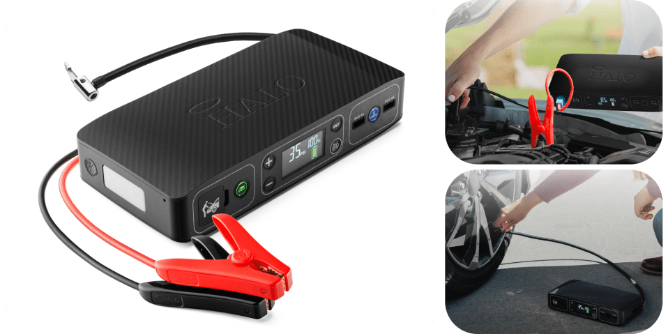A black rechargeable battery with a red clamps
