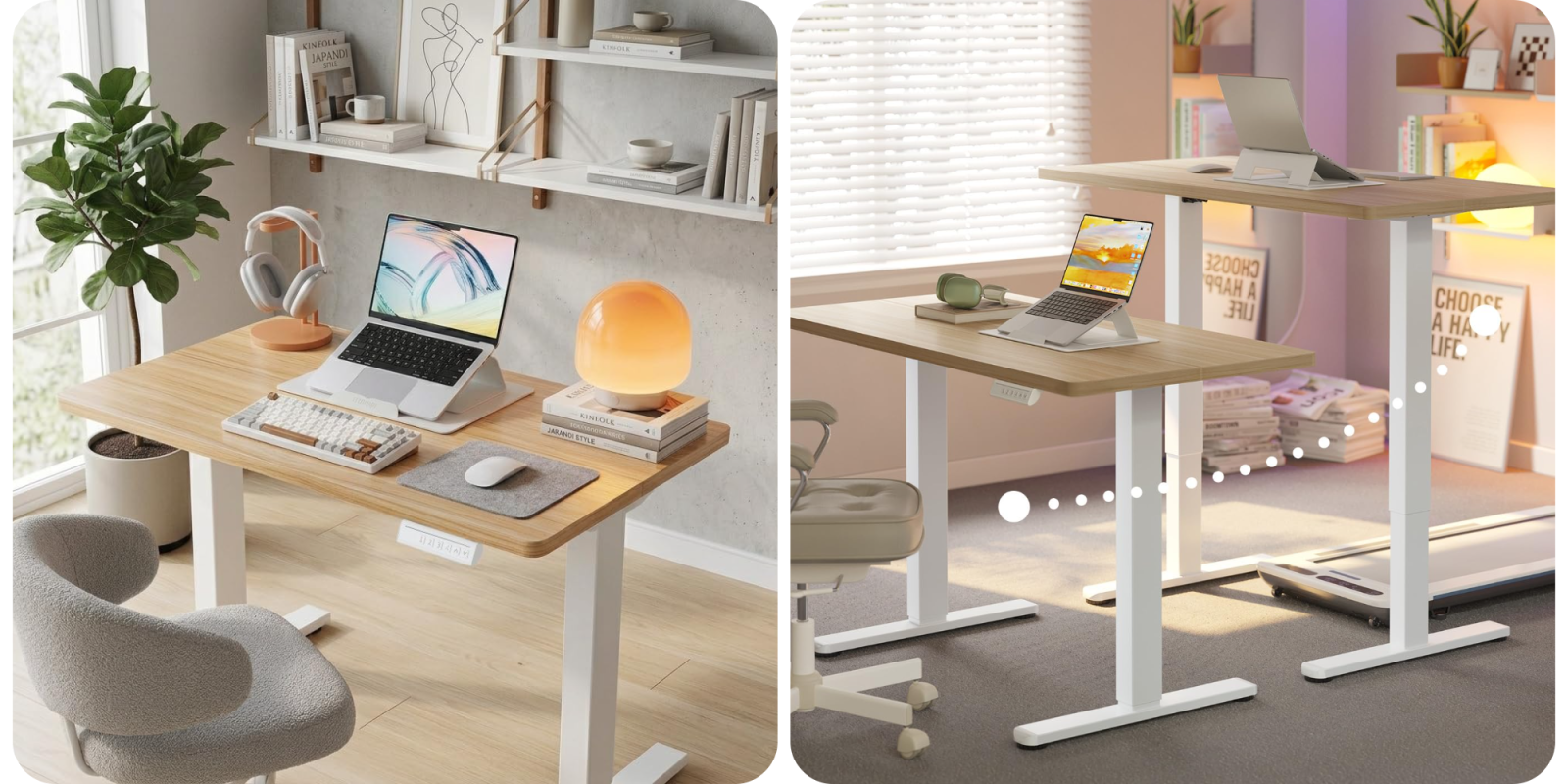A two pictures of a desk with a laptop and a lamp