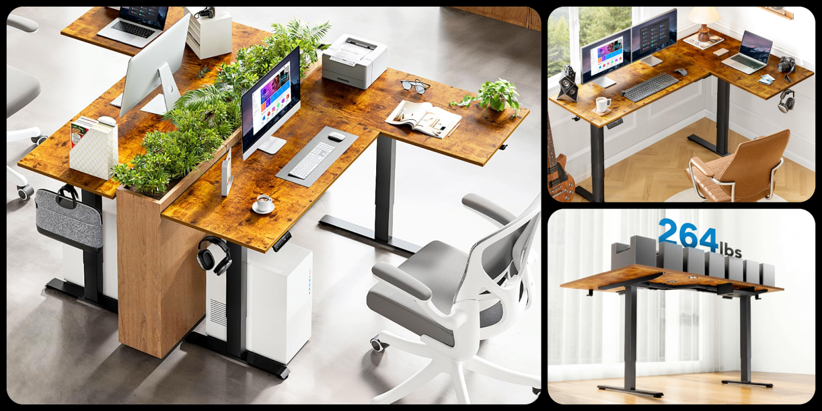 A computer desk with a plant on top