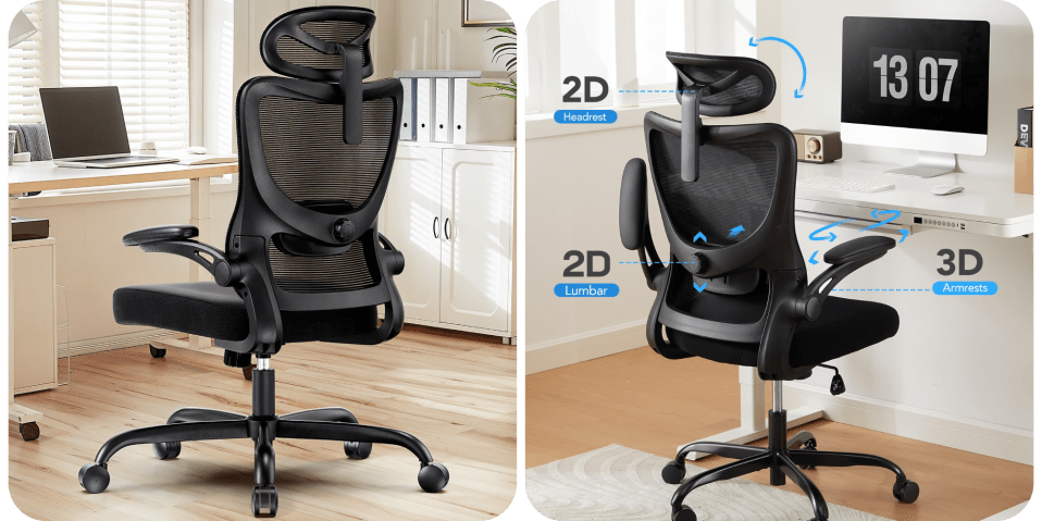 A black chair with a black mesh back