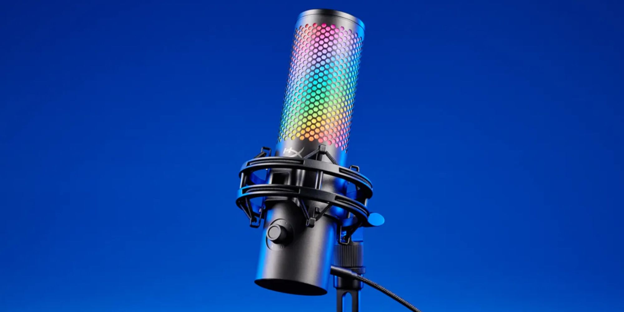 A black microphone with a rainbow colored design