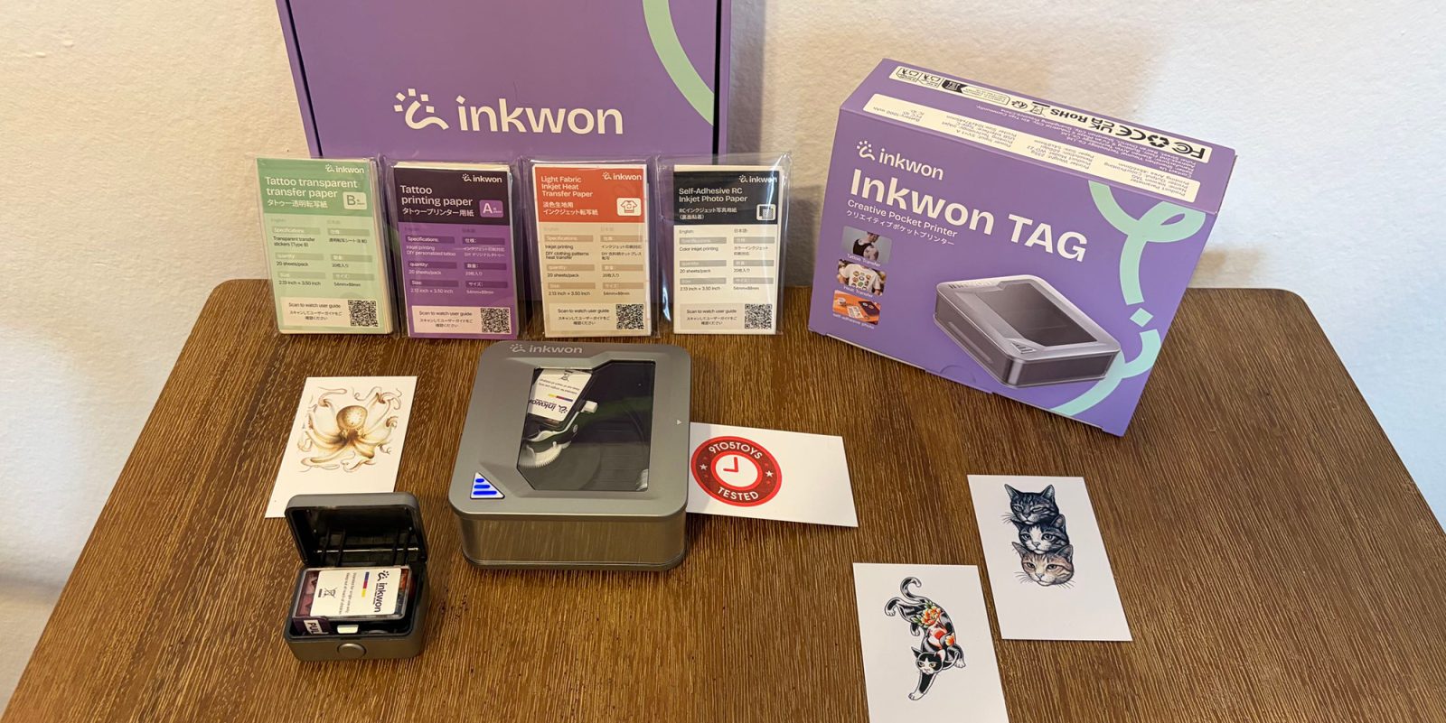 A box of inks and cards on a table