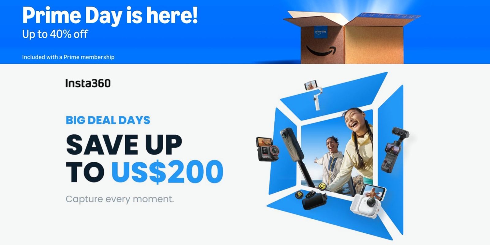 A blue and white advertisement with a couple of people