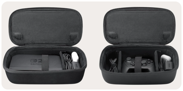 A black case with a video game controller and a game controller