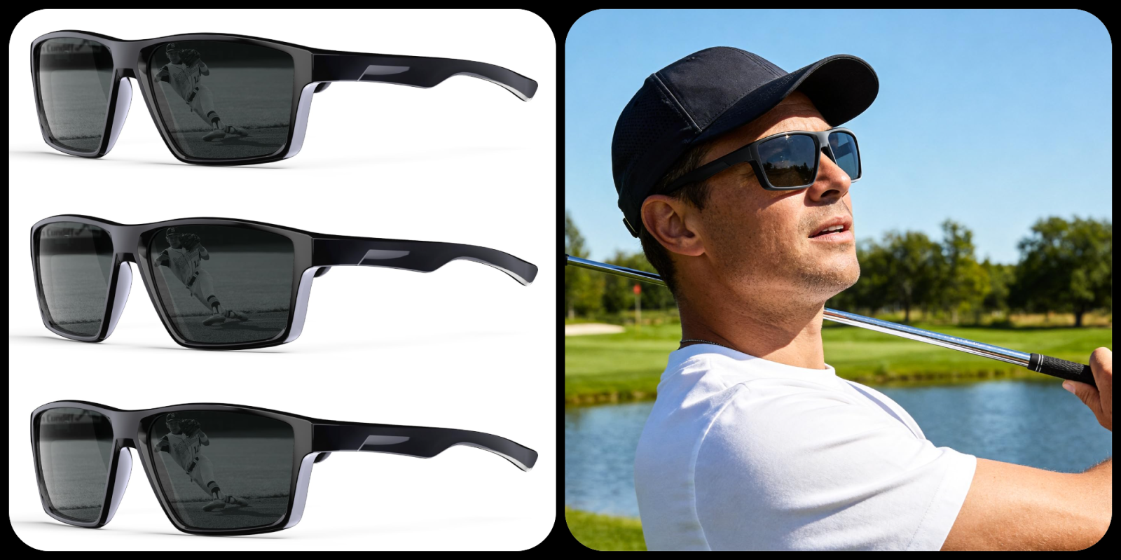 A collage of a man wearing sunglasses