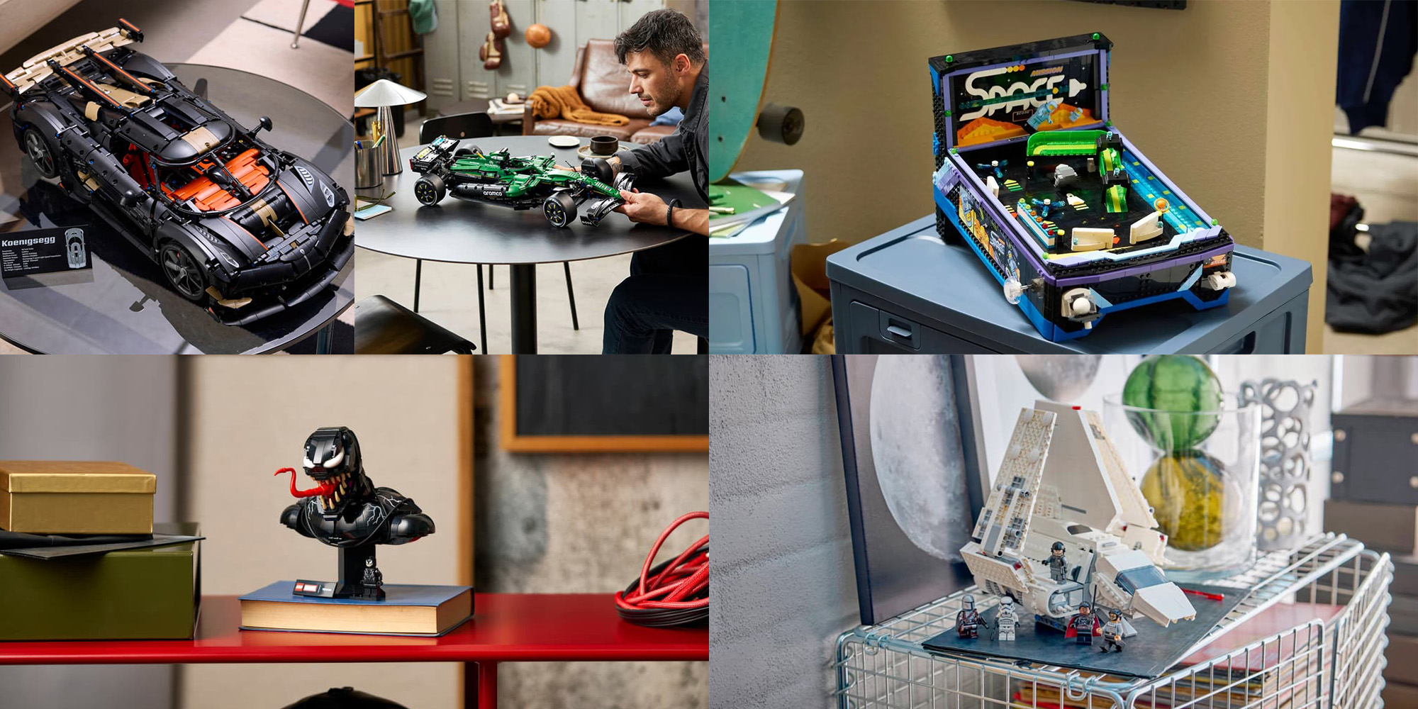 A collage of a man playing with toys