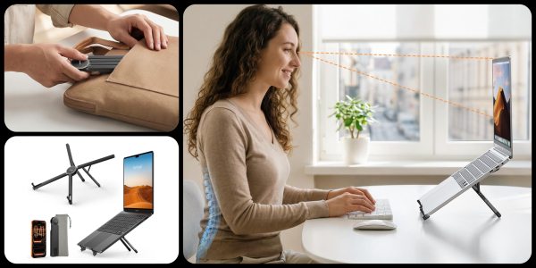 A woman sitting at a table using a computer