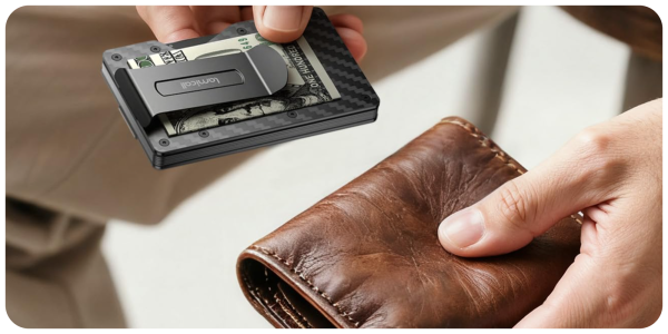 A person holding a wallet and a money clip