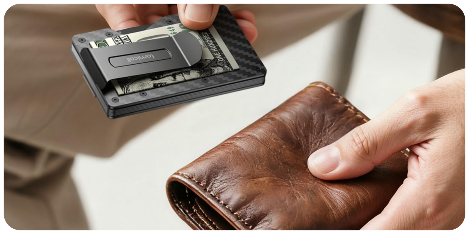 A person holding a wallet and a money clip