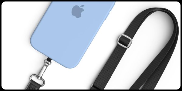 A blue cell phone and a black strap