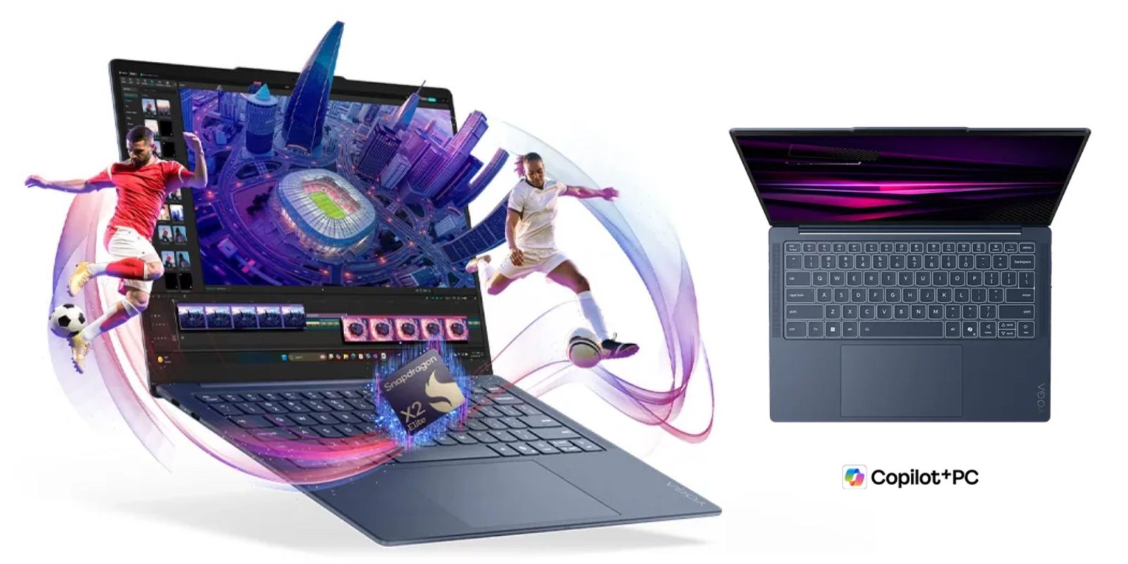 A laptop with a football player coming out of it