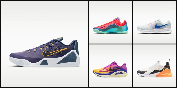 A collage of different colored shoes