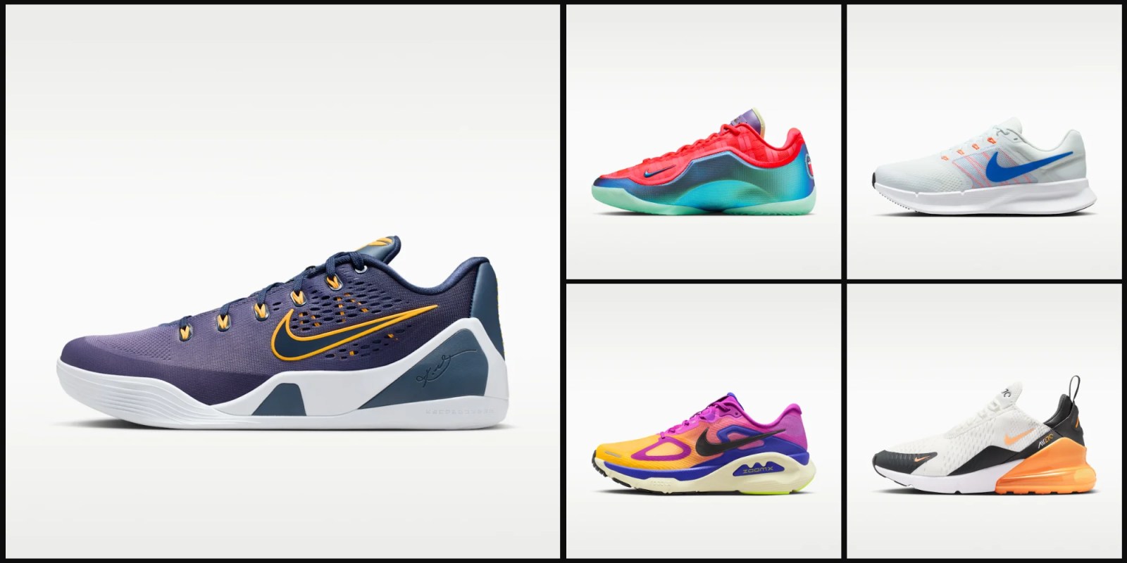 A collage of different colored shoes