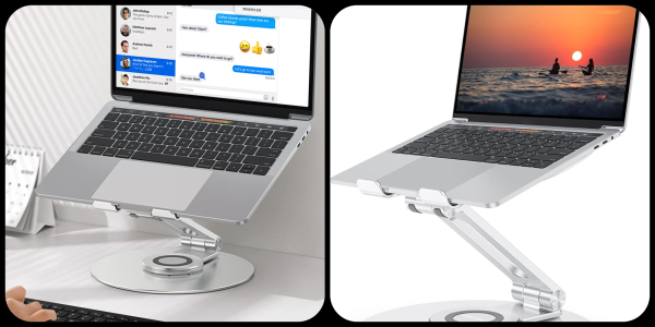 A laptop on a stand