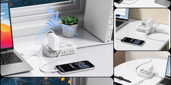A cell phone charging on a power strip