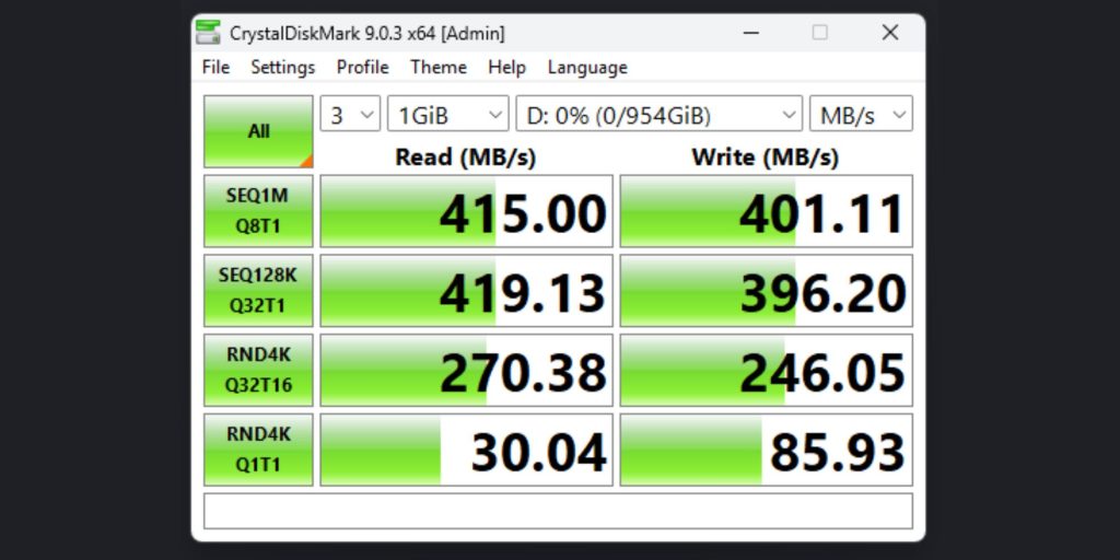 Image showing SSD speeds in CrystalDiskMark.