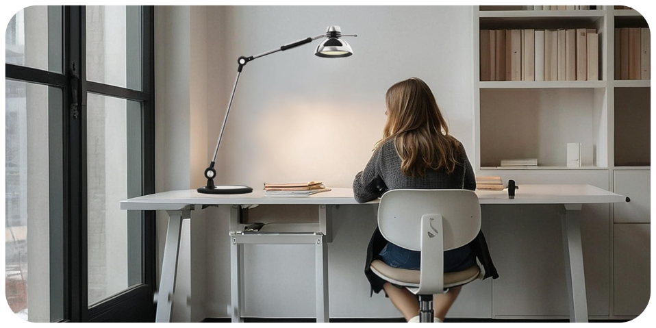 A woman sitting at a desk