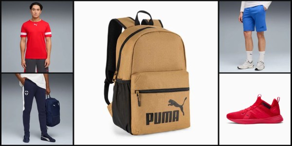 A brown backpack with black text